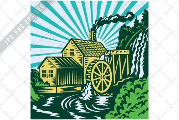 Download Watermill with House Woodcut Retro EPS - Woodcut Collection
