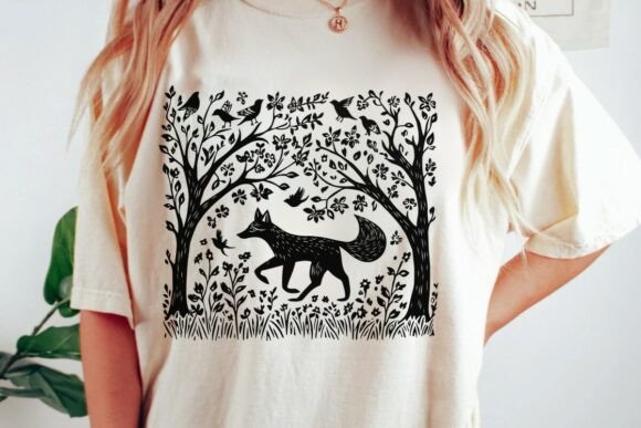 Download Rustic Fox Forest Birds Woodcut Png - Woodcut Collection