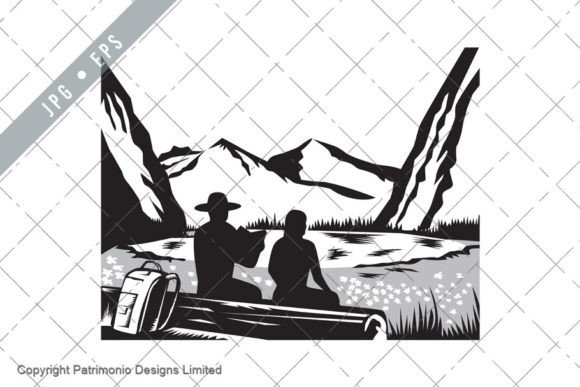 Download Male and Female Hiker Sitting Woodcut - Premium Bundle